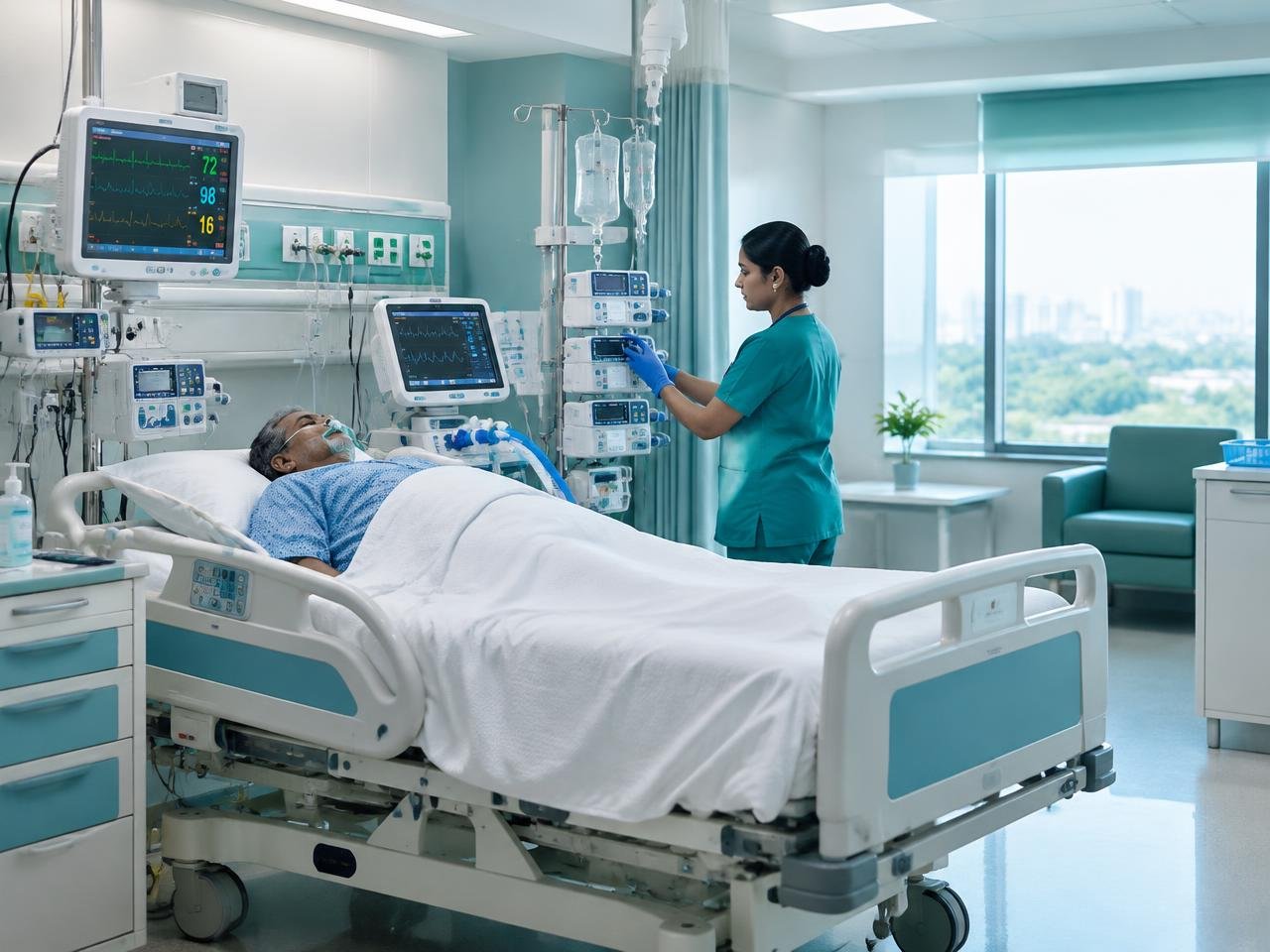 Intensive care room with monitoring equipment